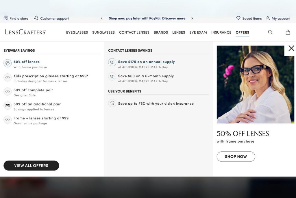 LensCrafters’ online Offers dropdown options