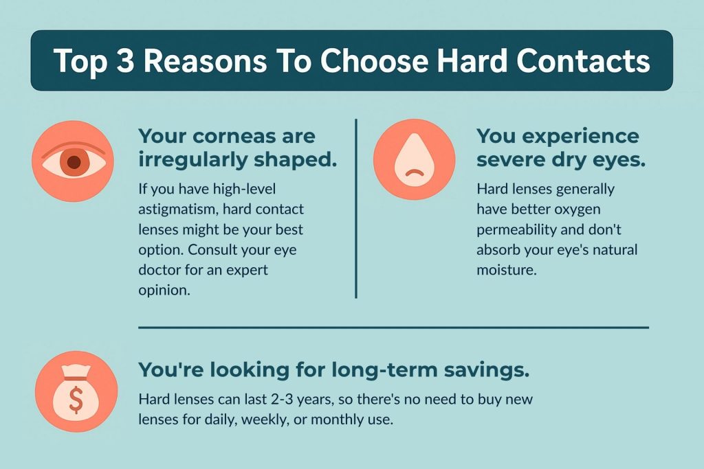 An infographic showing when to choose hard contact lenses (as described below)