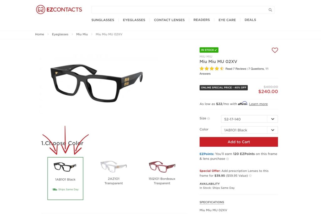 A screenshot of the eyeglass frame selection screen during checkout at EZContacts.com