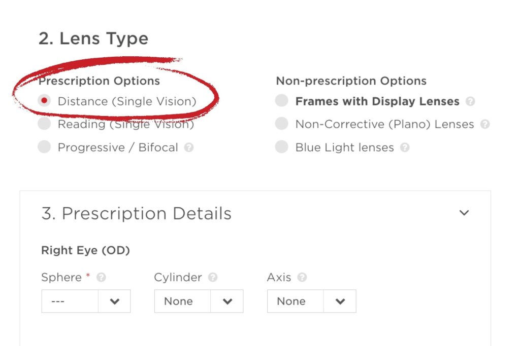 A screenshot of the lens type selection part of the checkout process: Distance, Reading, or Progressive / Bifocal