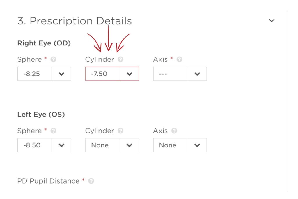 A screenshot of the prescription entry fields at EZContacts.com