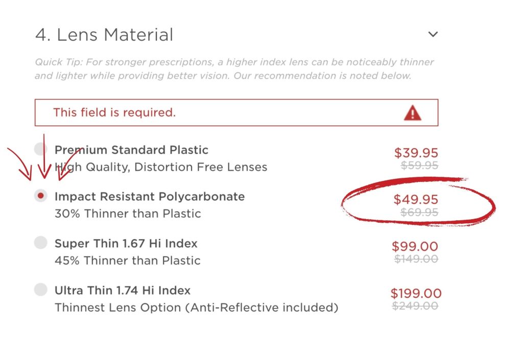 A screenshot of the lens material selection section of the EZContacts checkout process