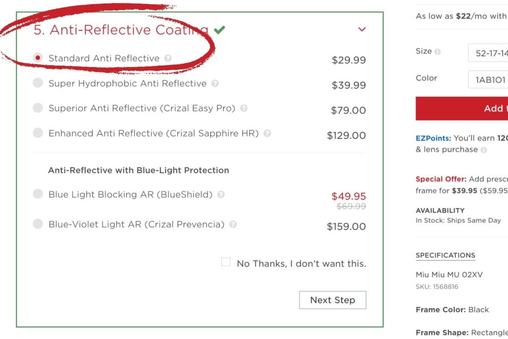 A screenshot of anti-reflective and blue light options during checkout at EZContacts.com