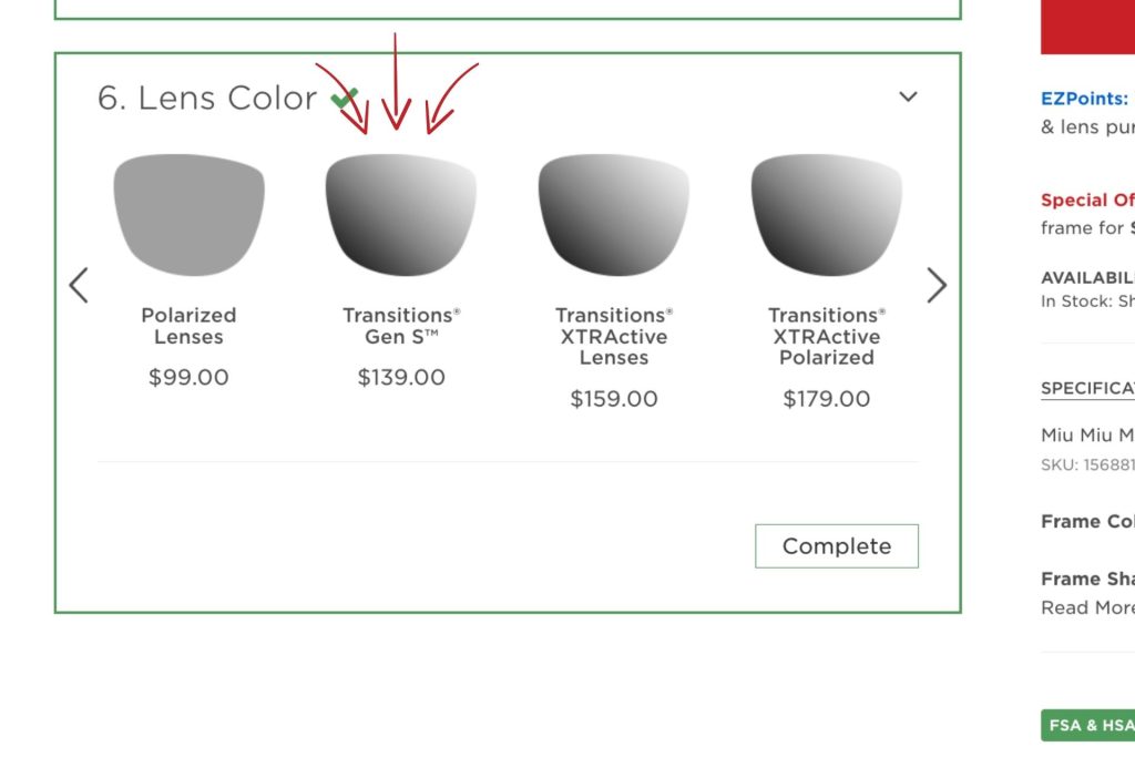 A screenshot of the lens color selection fields during the EZContacts.com checkout process