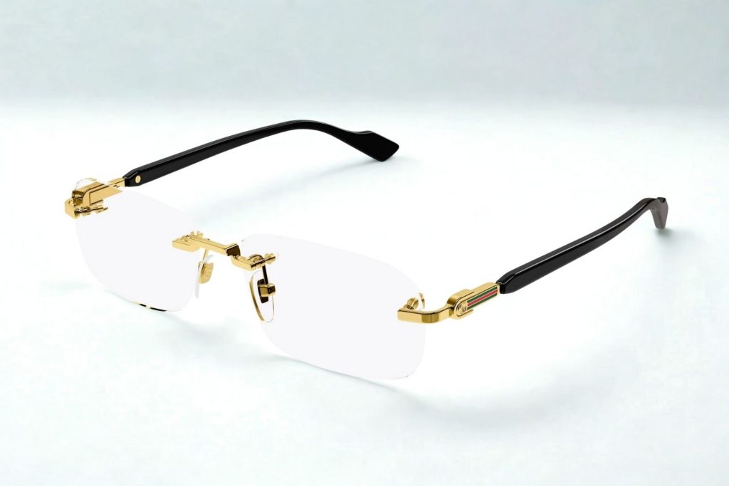 ucci GG1221O rimless eyeglasses featuring gold and black arms