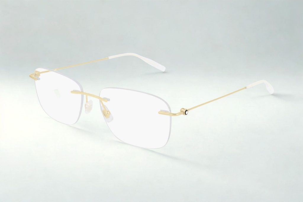 Montblanc MB0075O rimless eyeglasses featuring slim gold arms