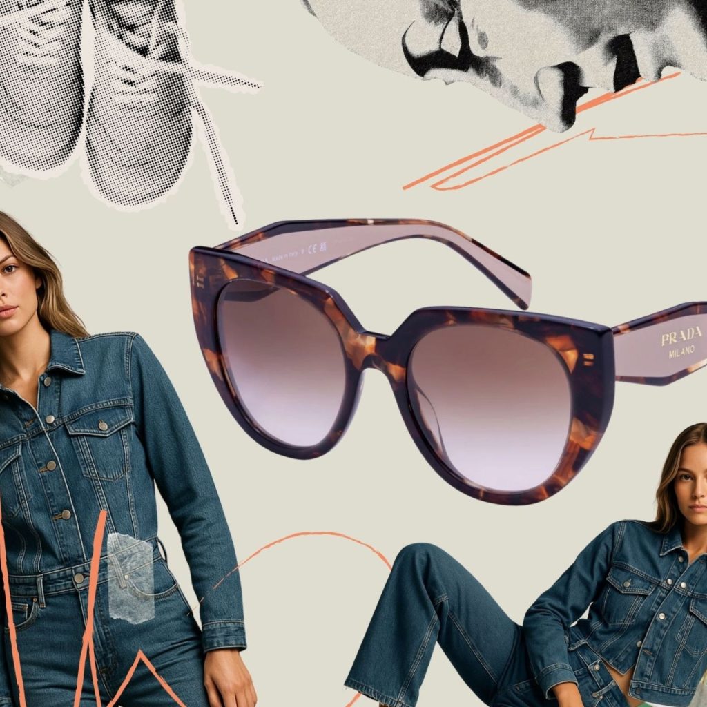 Collage with Prada sunglasses, woman in a denim jacket and jeans