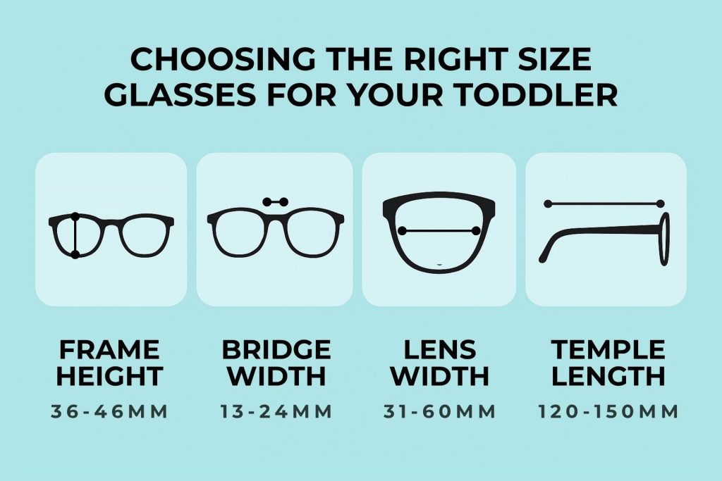 Toddler glasses sizing chart: Frame Height (36–46mm), Bridge Width (13–24mm), Lens Width (31–60mm), Temple Length (120–150mm)
