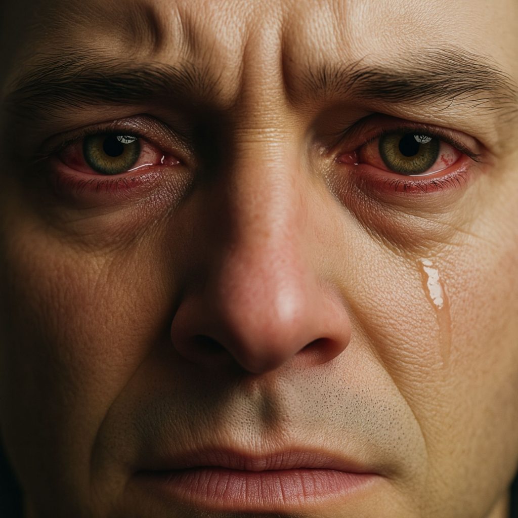 A man with red, irritated eyes from wearing contacts