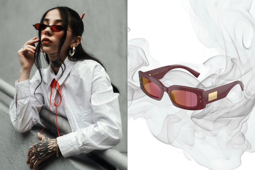 (Left) Woman wearing white shirt (Right) Dolce & Gabbana DG4479 sunglasses featuring red frames