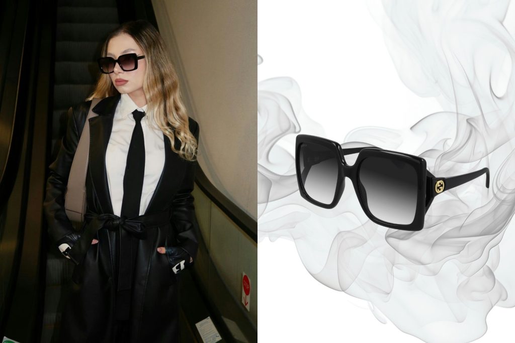 (Left) Woman wearing suit (Right) Gucci GG0876S oversized black sunglasses