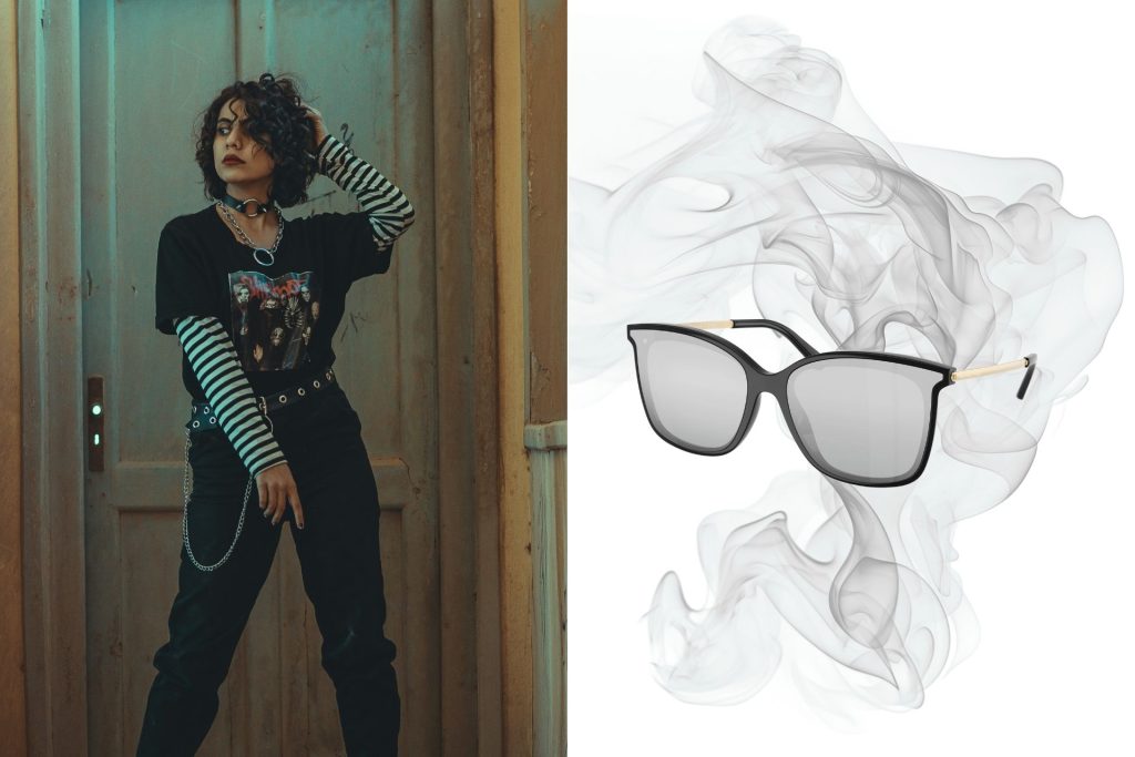 (Left) Woman wearing punk clothes (Right) Michael Kors MK2079U ZERMATT cat-eye sunglasses