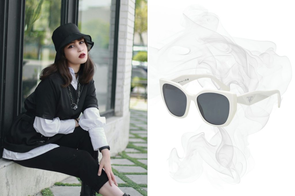 (Left) Woman wearing black outfit (Right) Prada PR 19ZS sunglasses featuring white frames