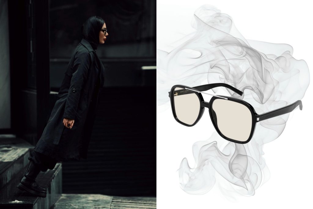 (Left) Woman wearing black coat (Right) Saint Laurent SL 545 sunglasses featuring yellow lenses