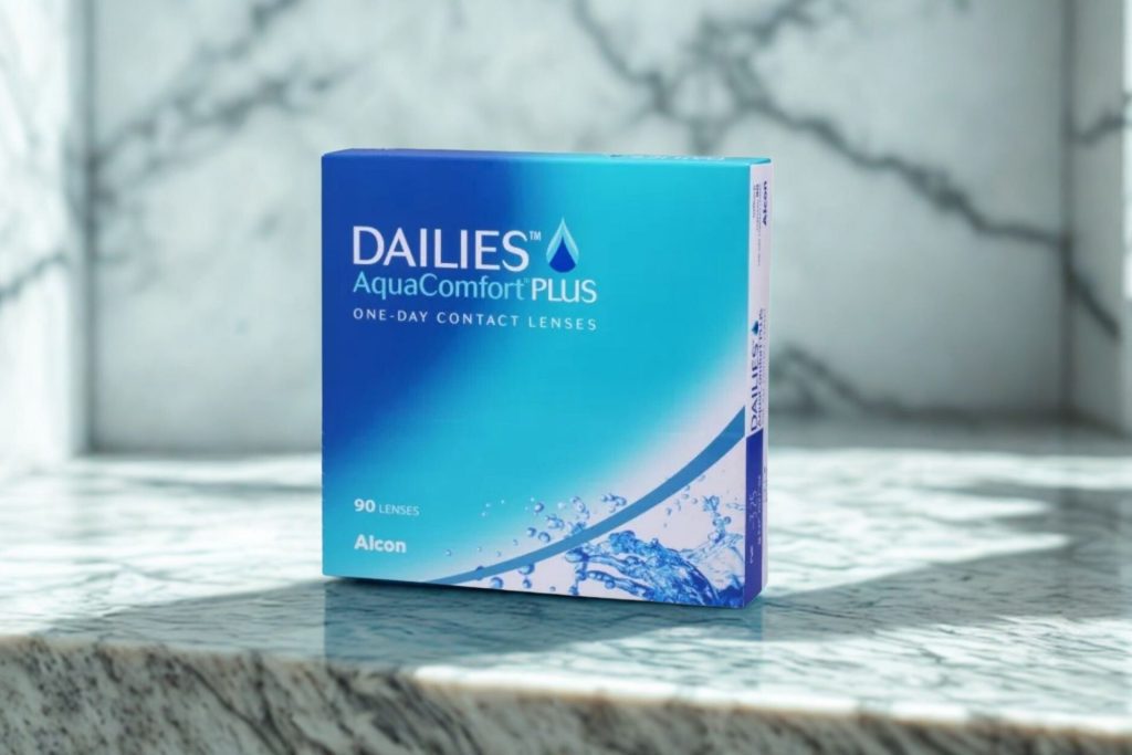 A box of Dailies AquaComfort PLUS contact lenses