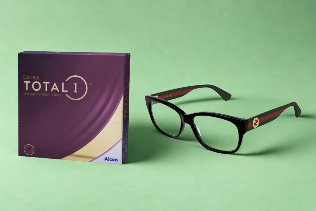 (Left) Dailies Total 1 contact lenses (Right) Gucci GG0278O glasses