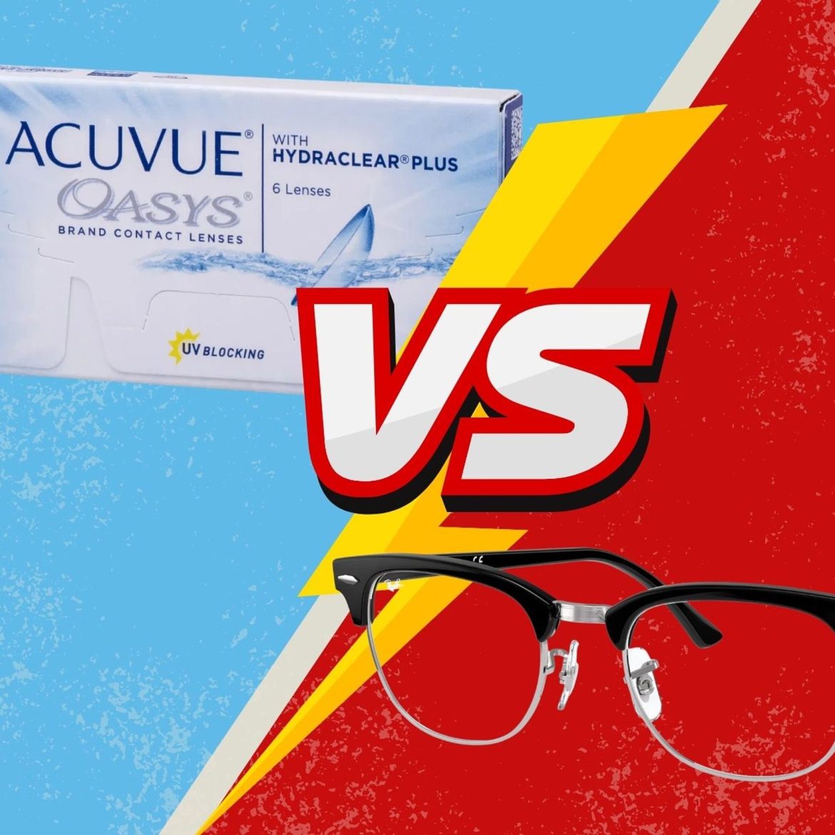 (Left) Box of contact lenses (Right) Eyeglasses featuring rectangle frames