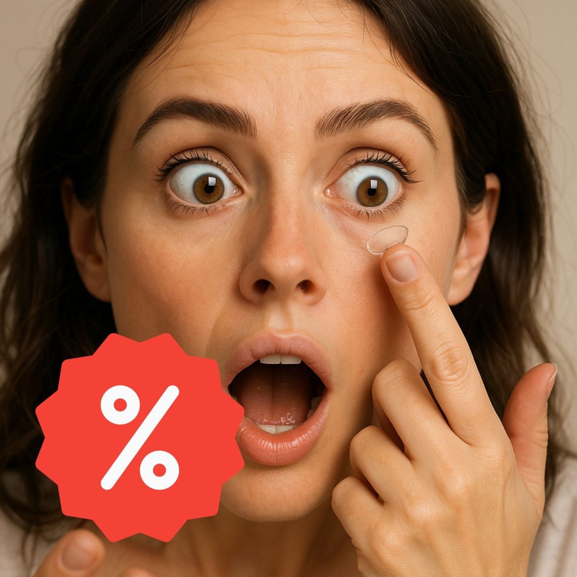 Woman putting in contact lens with shocked face