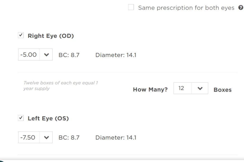 Contact lenses prescription information