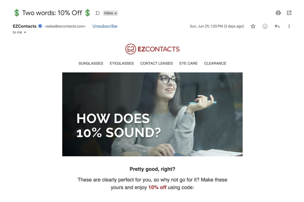 Emailed discount offer from EZContacts