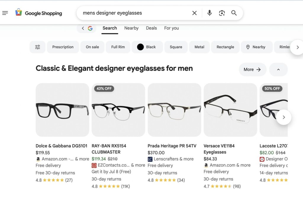 Google Shopping search result for mens designer eyeglasses