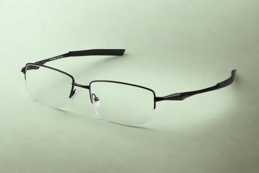 Black half-rim metallic frames with translucent nose pads and rubberized temple tips
