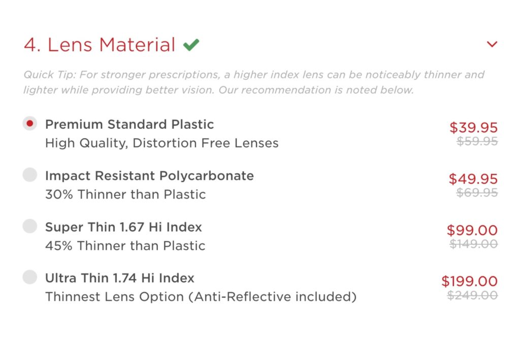 Choosing a polycarbonate lens upgrade on EZContacts