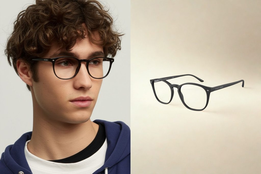(Left) Teen boy in layered shirts and a hoodie (Right) Giorgio Armani AR7074 Glasses