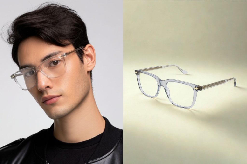 (Left) Teenage boy wearing clear-framed glasses and a leather jacket (Right) Gucci GG0737O glasses