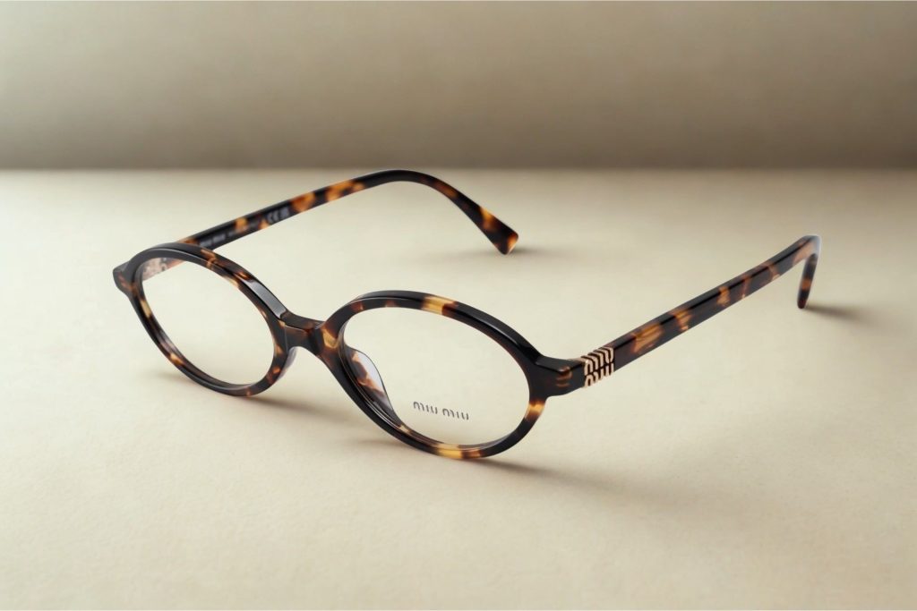 Tortoiseshell oval frames with a metallic Miu Miu logo along the hinges