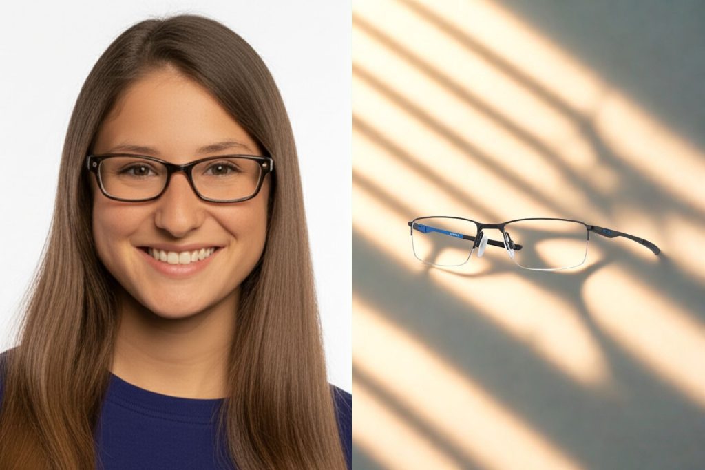 (Left) Female school athlete wearing full rim dark glasses (Right) Oakley SOCKET 5.5 OX3218 glasses