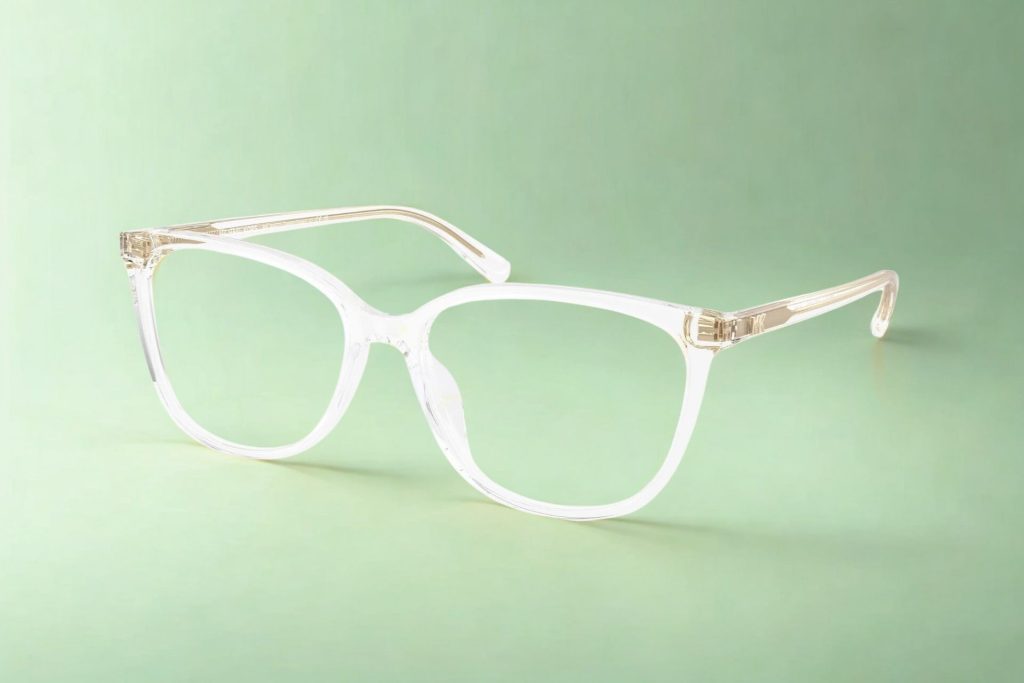 Clear oversized frames with the Michael Kors logo along the hinges