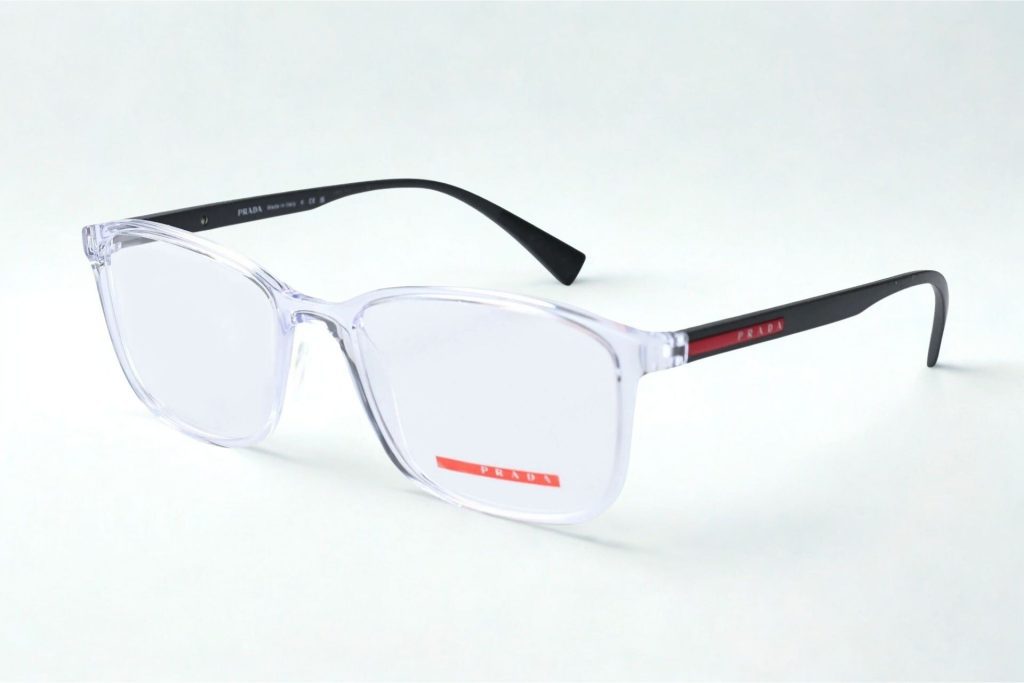 Clear frames with dark colored temple arms and the Prada logo over a red strip near the hinge