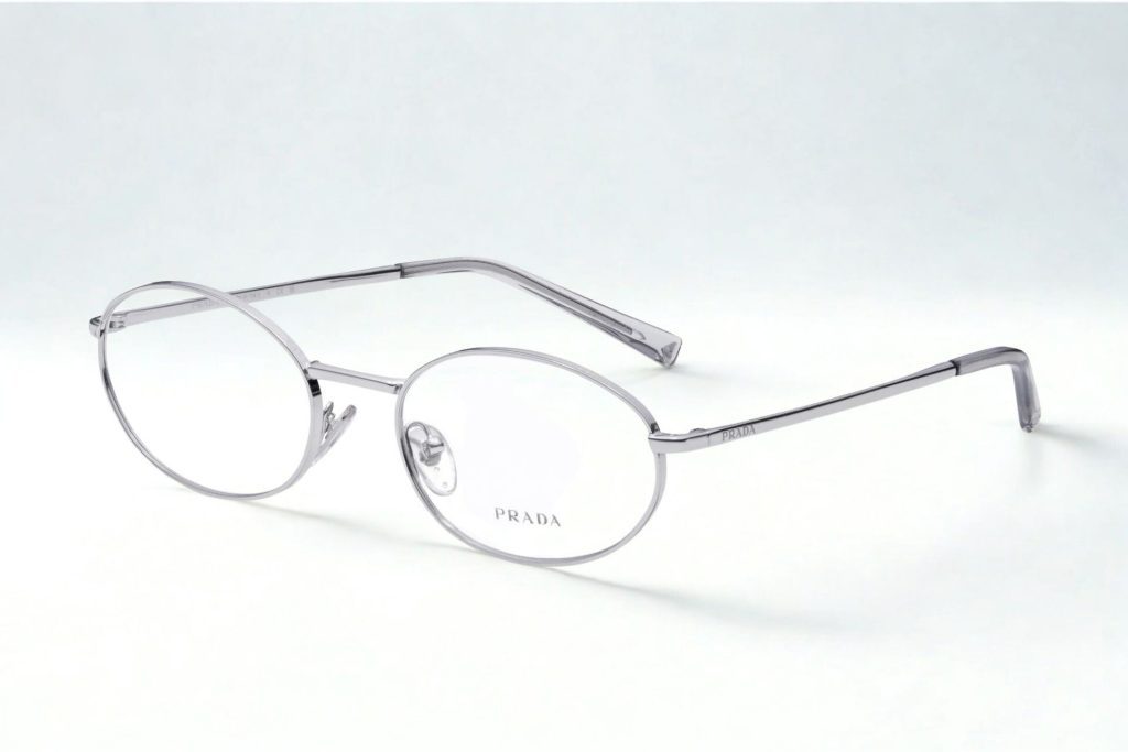 Silver metallic oval frames with the Prada logo near the hinges.