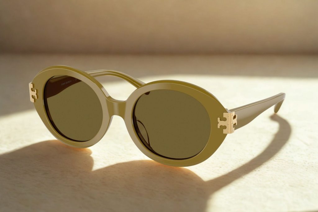 Tory Burch TY7210U oval sunglasses featuring olive frames