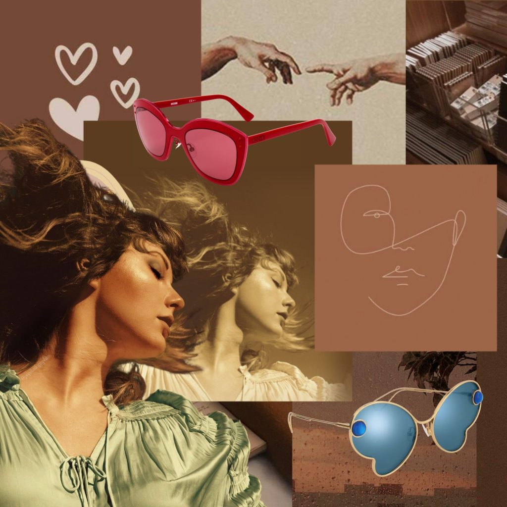 Collage featuring Taylor Swift, sunglasses, and album artwork