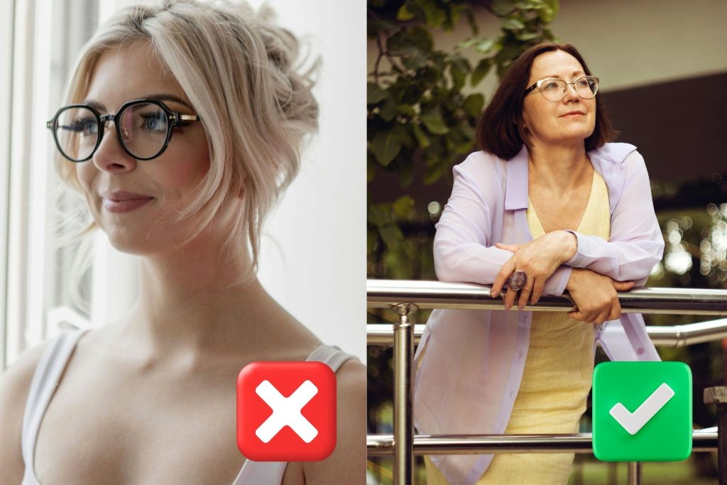 (Left) Woman wearing thick black glasses (Right) Woman wearing yellow dress paired with silver glasses 