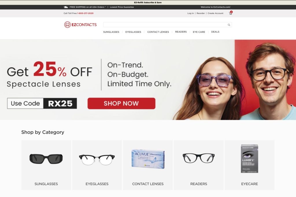 EZContacts website offers 25% off spectacle lenses