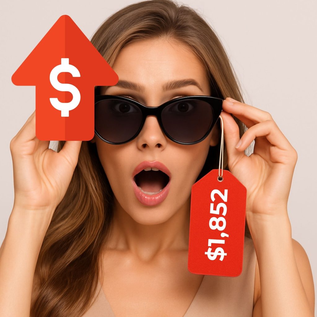Woman with shocked face holding a pair of sunglasses