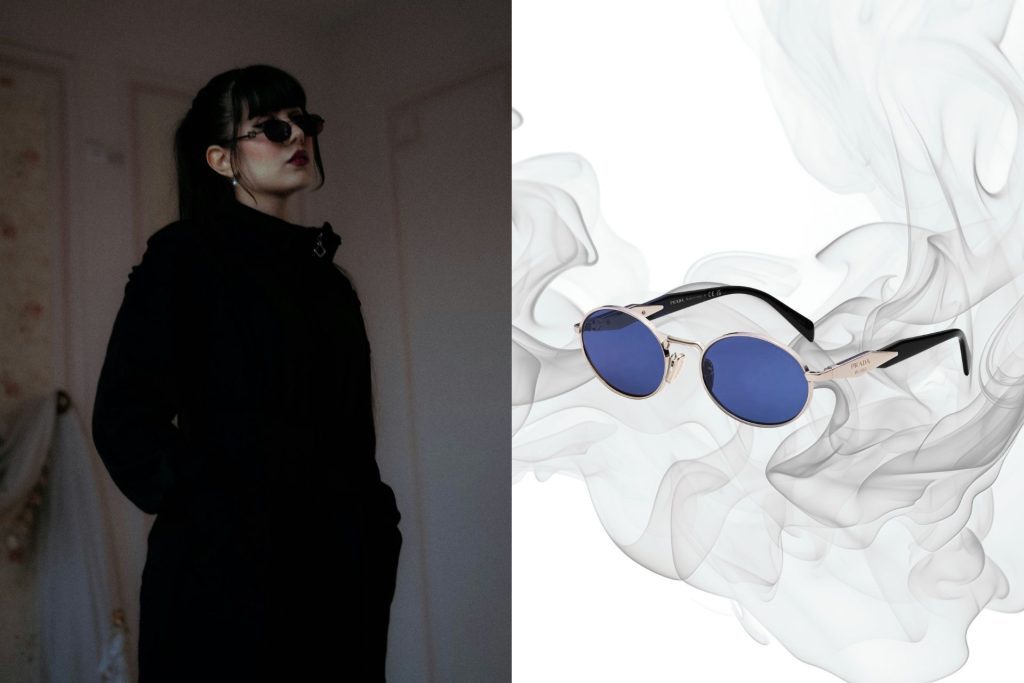 (Left) Woman wearing black coat (Right) Prada PR 65ZS oval sunglasses featuring dark gray