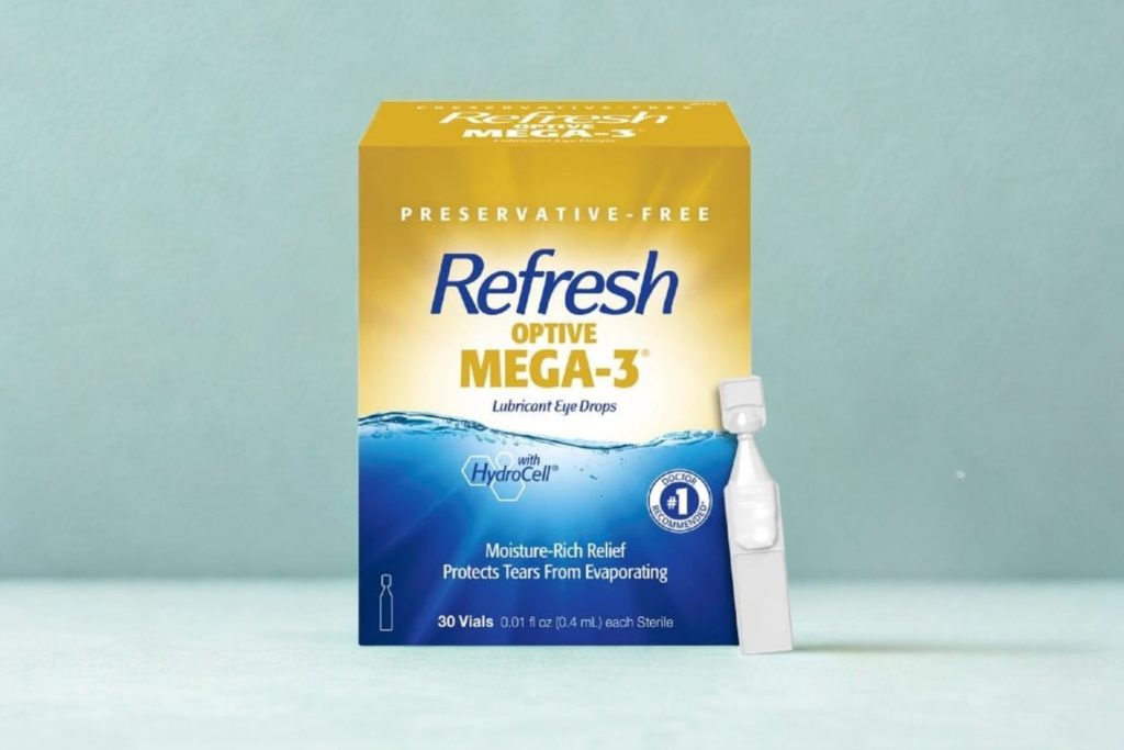 A box of Refresh Optive Mega-3 Enhanced with Flaxseed Oil Lubricant Eye Drops