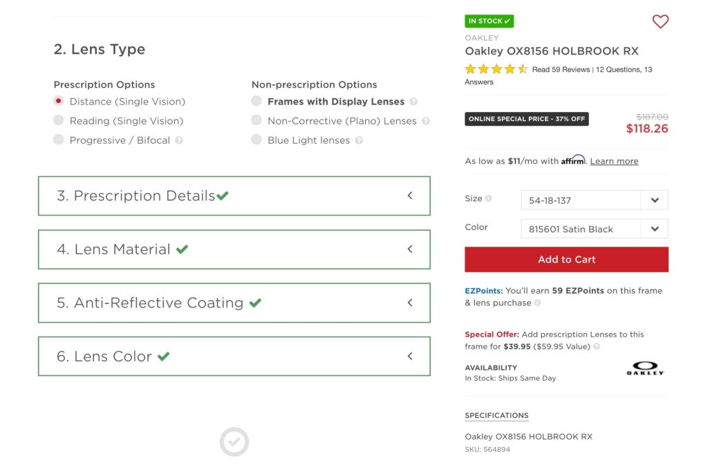 EZContacts product page lens selection section 