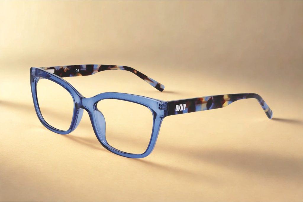 DKNY DK5068 glasses featuring blue frames and patterned arms