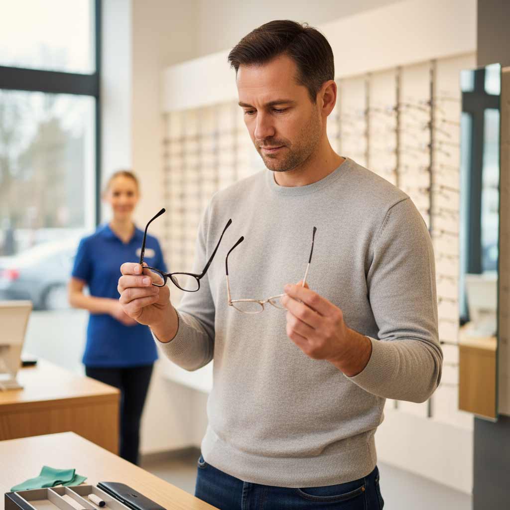 Man choosing between two eyeglasses