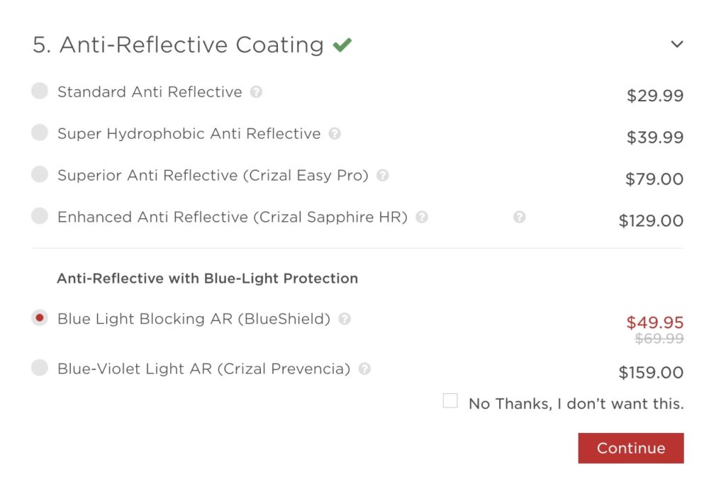 Anti-reflective coating option on EZContacts