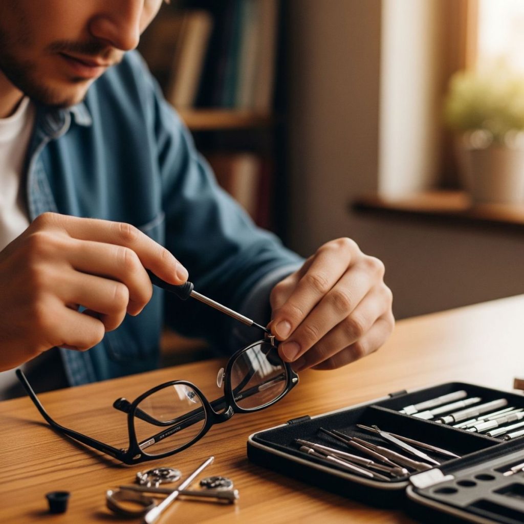 A man using a glasses repair kit