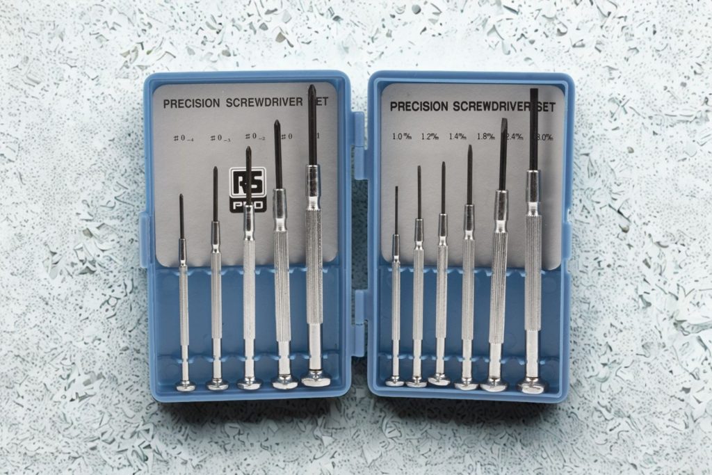 A box of precision screwdrivers
