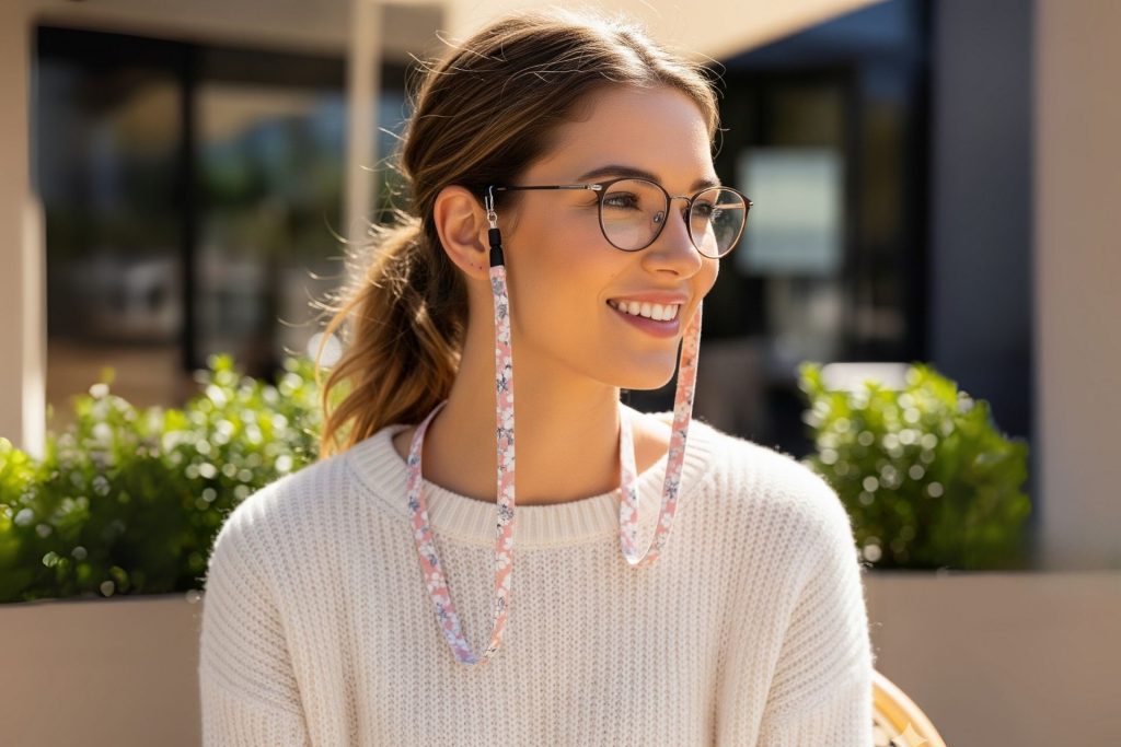 Woman wearing a pink fabric glasses strap