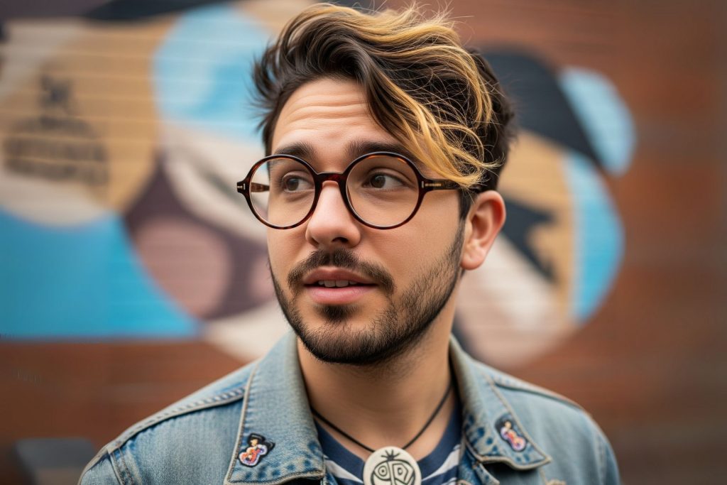 Man with highlights on his hair and oversized round glasses