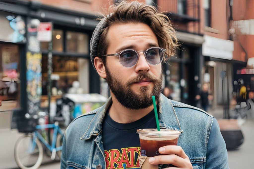 Man in graphic tee and denim jacket, with iced coffee, wearing round glasses